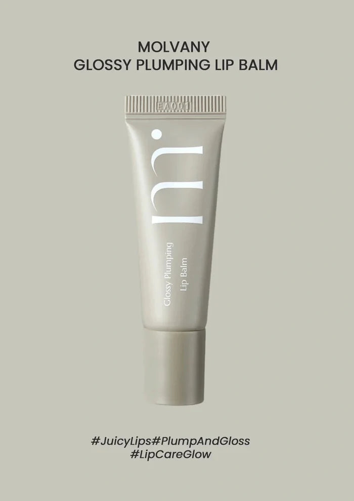 Molvany glossy plumping lip balm tube on a gray background