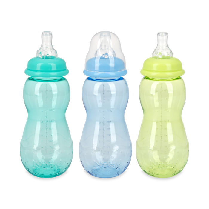 The Non-Drip Standard Neck 10 oz Baby Bottle (3 Pack) includes blue, light blue, and green bottles with ergonomic shapes, a clear cap on the middle one, and anti-colic valves for comfortable feeding.
