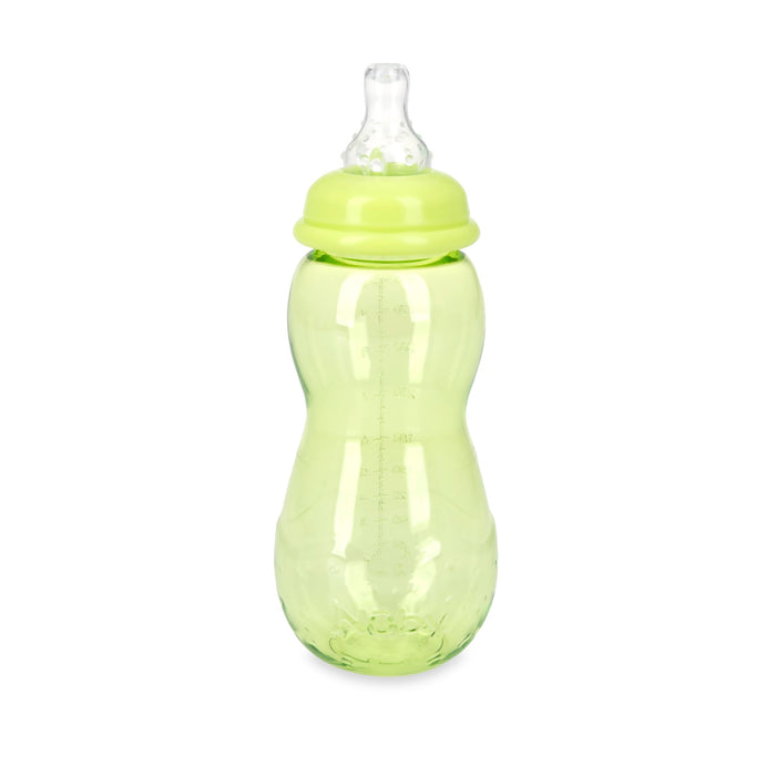 The Non-Drip Standard Neck 10 oz Baby Bottle (3 Pack) includes transparent green plastic bottles with curvy shapes, wide necks, yellow-green caps, silicone nipples, and anti-colic valves, shown upright on a white background.