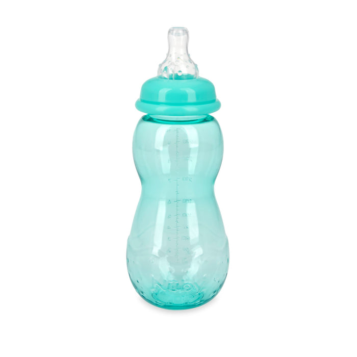 A Non-Drip Standard Neck 10 oz Baby Bottle (3 Pack) in turquoise, featuring a curved shape, clear silicone nipple, anti-colic valves, and measurement markings, is displayed against a plain white background.