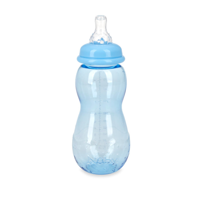 The Non-Drip Standard Neck 10 oz Baby Bottle (3 Pack) features a translucent blue design, curved shape, measurement markings, blue screw-on lid, clear silicone nipple, and anti-colic valve for comfortable feeding.