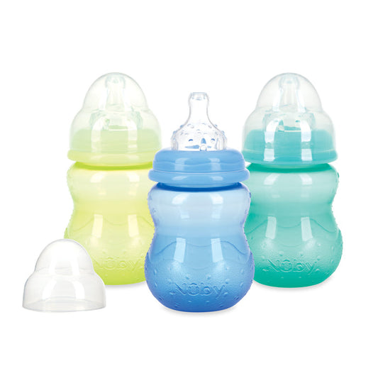 The Nuby Non-Drip Wide Neck 8 oz Baby Bottle 3 Pack includes pastel yellow, blue, and green bottles with clear silicone nipples, domed caps (plus an extra cap), and anti-colic valves for comfortable feeding.