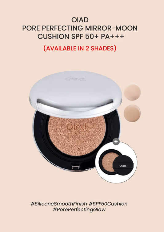 Olad Pore Perfecting Mirror-Moon Cushion with packaging details on a beige background