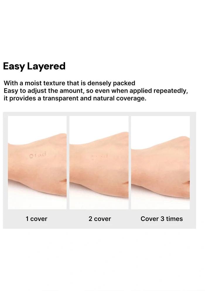 Product application on skin with text explaining ease of layering and coverage.
