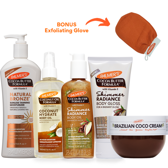 A bundle of Palmer's Cocoa Butter Formula body care products on a white background, including Natural Bronze Tanning Moisturizer, Coconut Hydrate Body Oil, Shimmer Radiance Body Oil, Shimmer Radiance Body Gloss, and Brazilian Coco Cream, with a bonus exfoliating glove shown in the upper right.