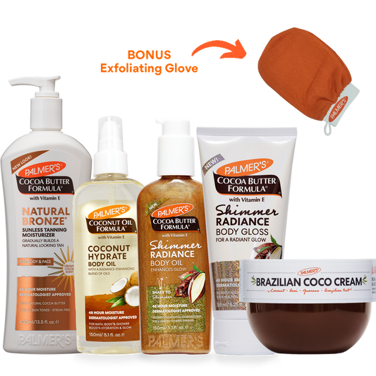 A bundle of Palmer's Cocoa Butter Formula body care products on a white background, including Natural Bronze Tanning Moisturizer, Coconut Hydrate Body Oil, Shimmer Radiance Body Oil, Shimmer Radiance Body Gloss, and Brazilian Coco Cream, with a bonus exfoliating glove shown in the upper right.
