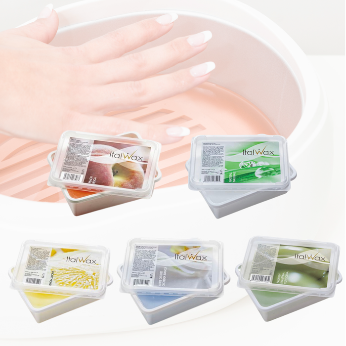 W320 Italwax 500g Paraffin Wax for hands and feet | Five white containers containing Italwax paraffin wax arranged in front of a white paraffin bath with a hand dipping inside, showing different labels.