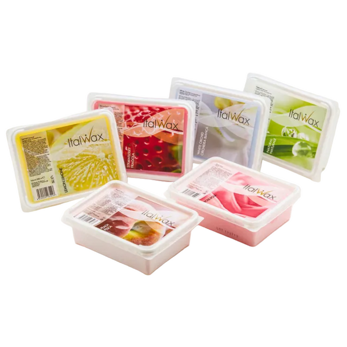 W320 Italwax 500g Paraffin Wax for hands and feet | A collection of Italwax paraffin wax in 500g containers in various fragrances and colors.