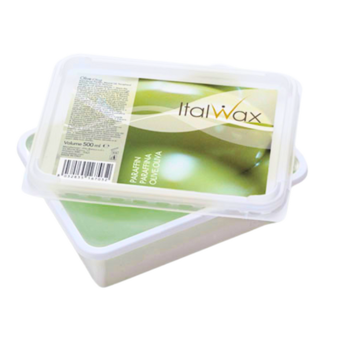 W322B Italwax Olive Paraffin Wax | A clear plastic tub of Italwax paraffin wax with a green label,