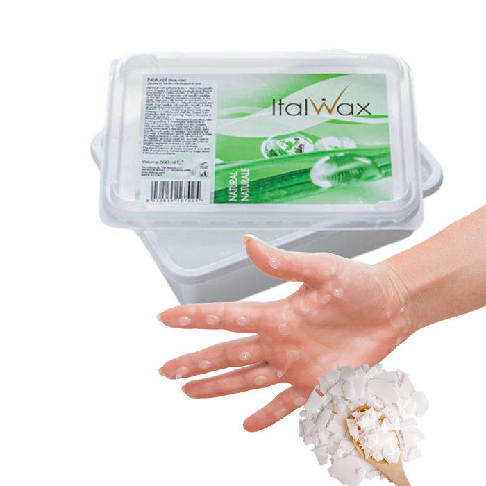 W322A ItalwaxNatural Paraffin Wax | A container of Italwax Natural Paraffin Wax melts shown with a hand covered in white paraffin wax and a small bowl of wax melts, on a white background.