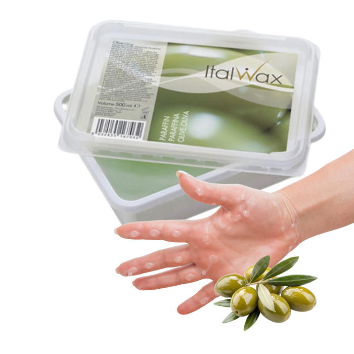W322B Italwax Olive Paraffin Wax | A clear plastic tub of Italwax paraffin wax with a green label, shown with a hand covered in pale paraffin wax and a small cluster of green olives on a white background.