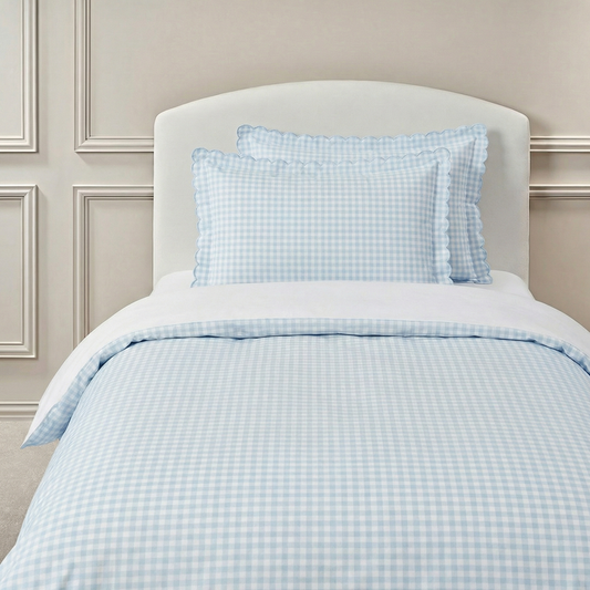Picnic Gingham Twin Set in Blue. Both Pillow and Duvet Blanket made on bed.