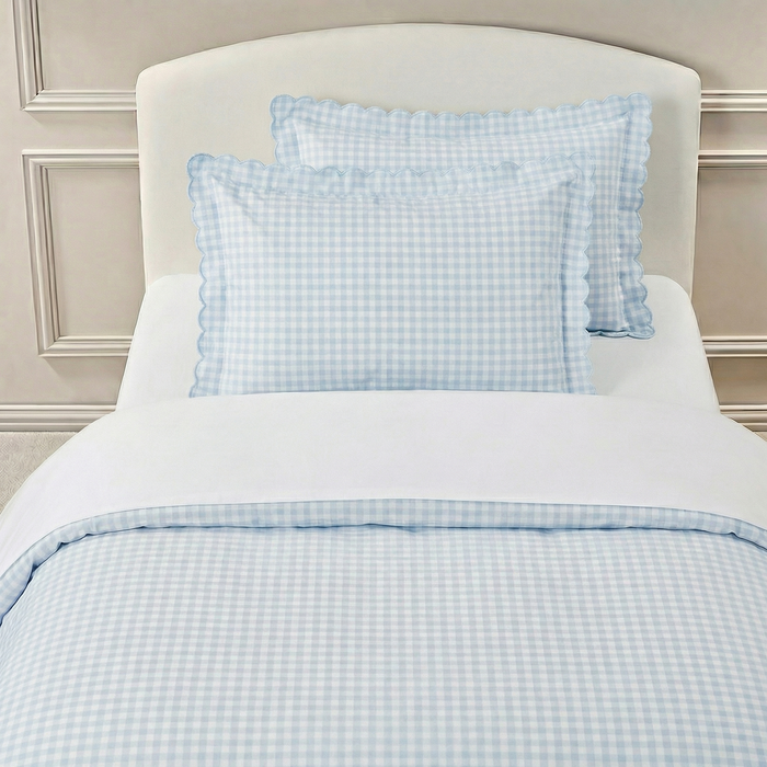 Picnic Gingham Twin Set in Blue. Both Pillow and Duvet Blanket made on bed.