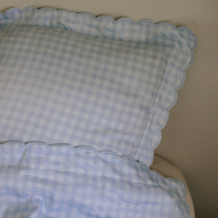 Picnic Gingham Twin Set in Blue. Both Pillow and Duvet Blanket made on bed.