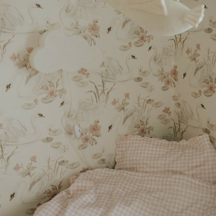Picnic Gingham Twin Set in Pink. Bed made in bedroom with swan wallpaper