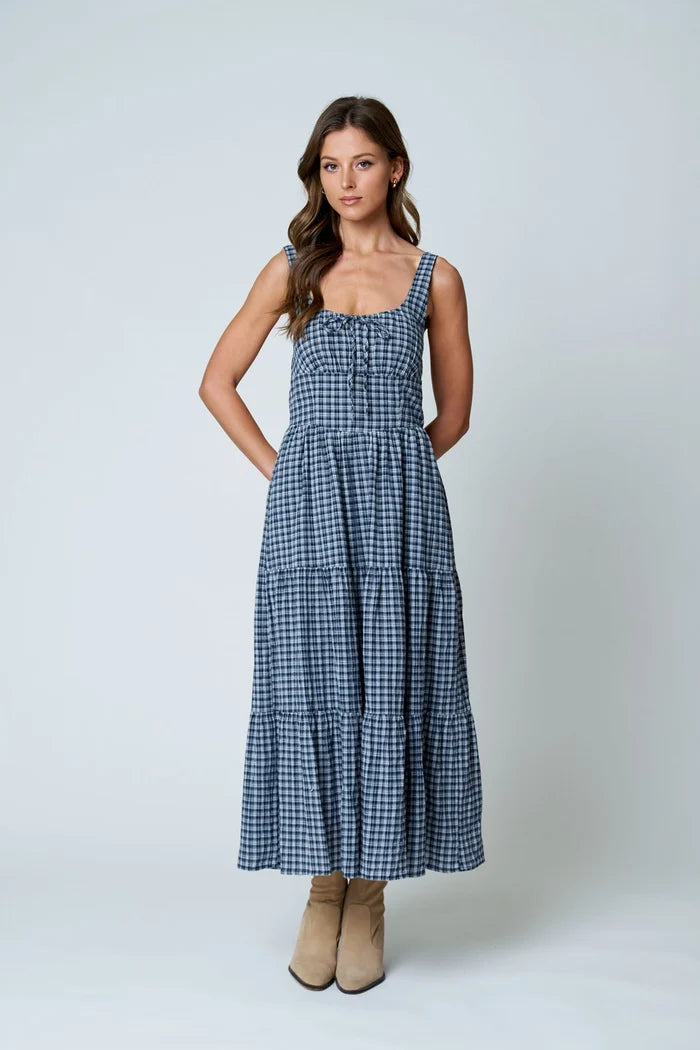 Plaid Front Tie Corset Detail Tiered Midi Dress