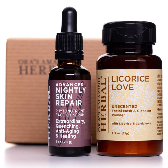 Plant Based Herbal Acne Care Set 2 Products Only Advanced Nightly and Licorice Love White Background with Box