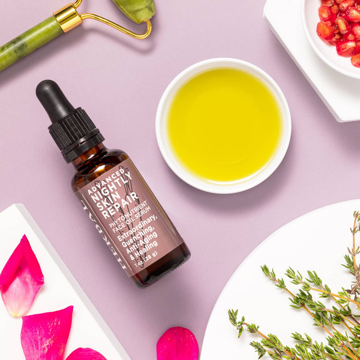 Plant Based Herbal Acne Care Set Advanced Nightly Skin Repair 1oz Bottle Lifestyle Indoor Texture