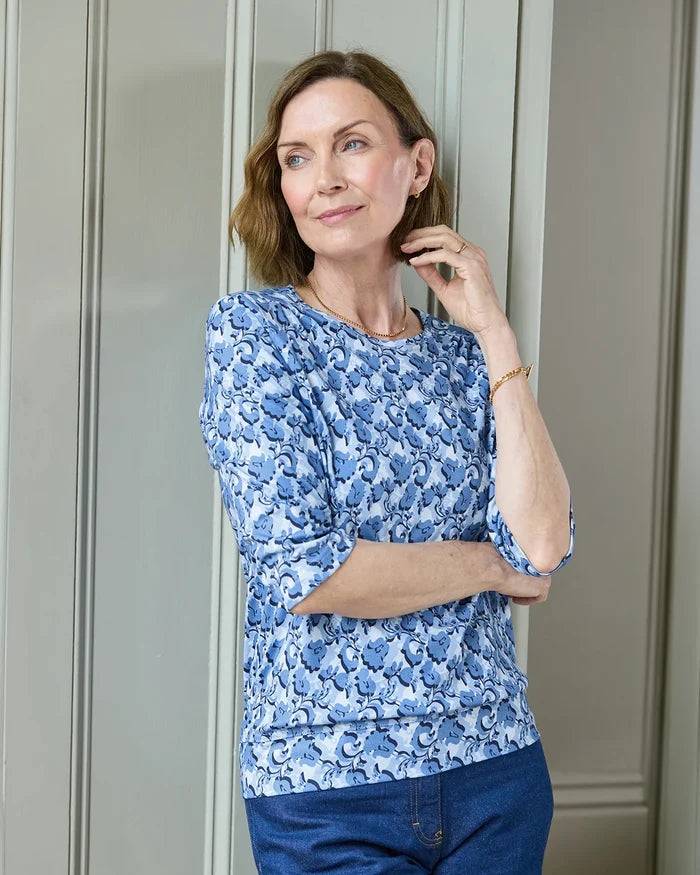 Printed Pure Cotton 3/4 Sleeve Blouson Top - Margot