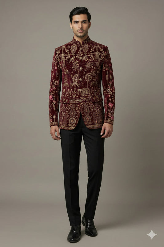 Regal Maroon Embroidered Jodhpuri Suit for Men