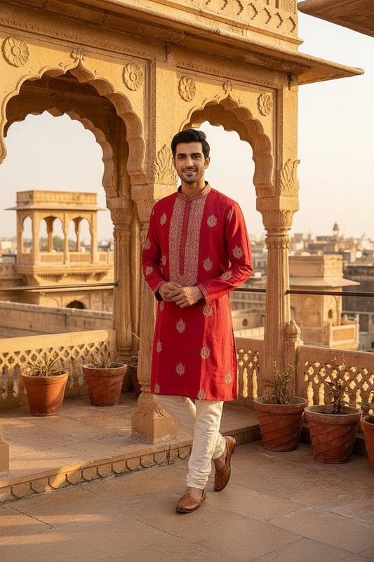 Regal Red Embroidered Kurta Set
