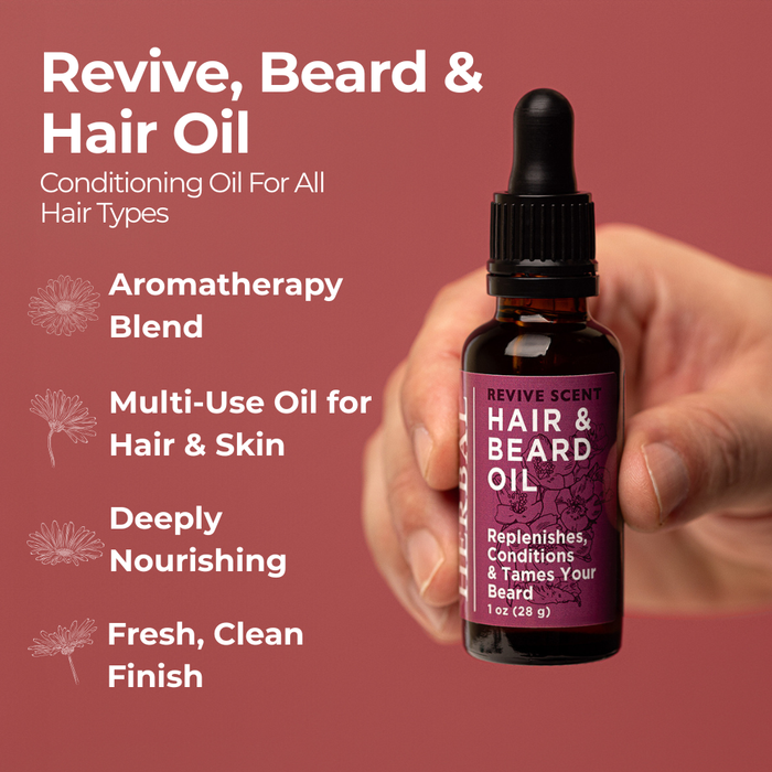Revived Scent Beard and Hair Oil 1oz Lifestyle Indoor Benefits Infographics