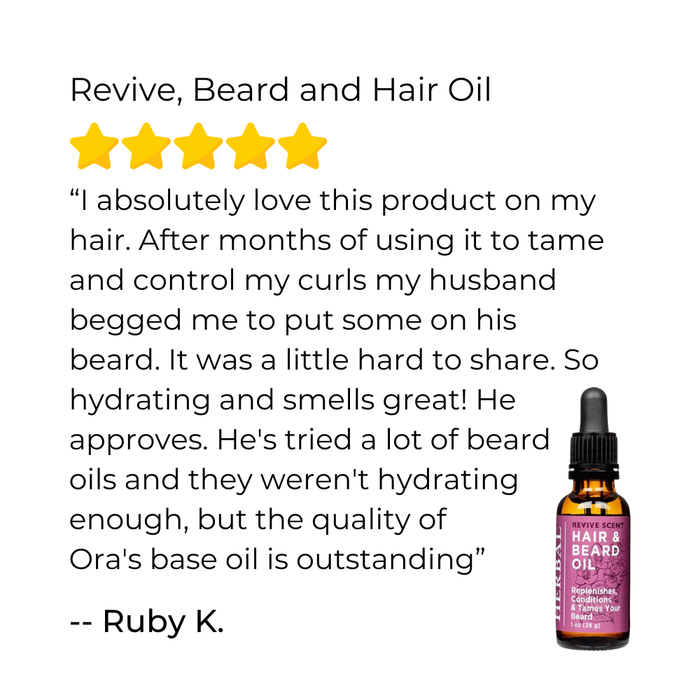 Bottle of hair and beard oil with a five-star review on a white background
