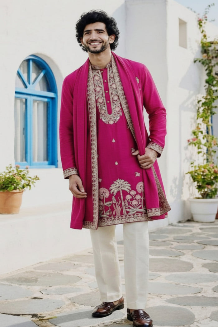 Royal Magenta Embroidered Salwar Kurta Dupatta Set for Men