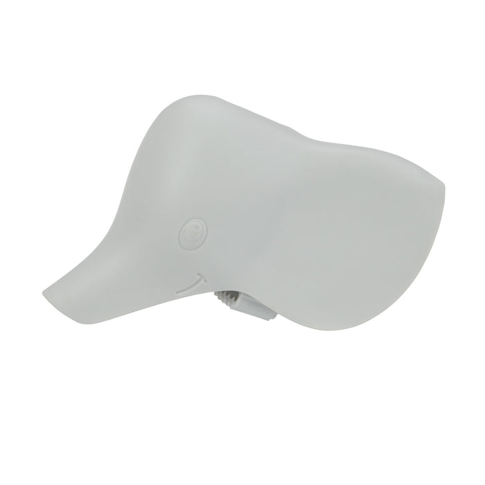 The Nuby Safety Spout Guard is a white, smooth, abstract elephant-shaped cover with a curved trunk and subtle smile, plus a top button—making bath time safer and more fun for kids by protecting against bumps.
