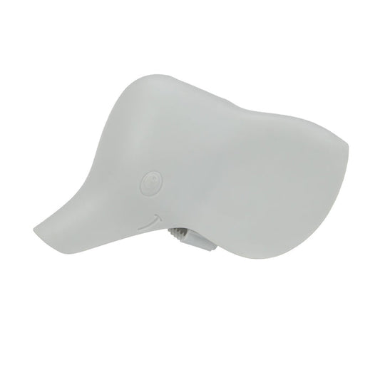 The Nuby Safety Spout Guard is a white, smooth, abstract elephant-shaped cover with a curved trunk and subtle smile, plus a top button—making bath time safer and more fun for kids by protecting against bumps.