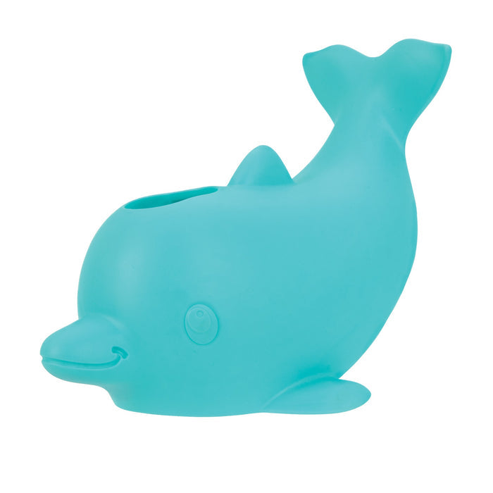 The Nuby Safety Spout Guard is a blue, dolphin-shaped plastic faucet protector with a smiling face and wide-back opening, designed to keep children safe during bath time.
