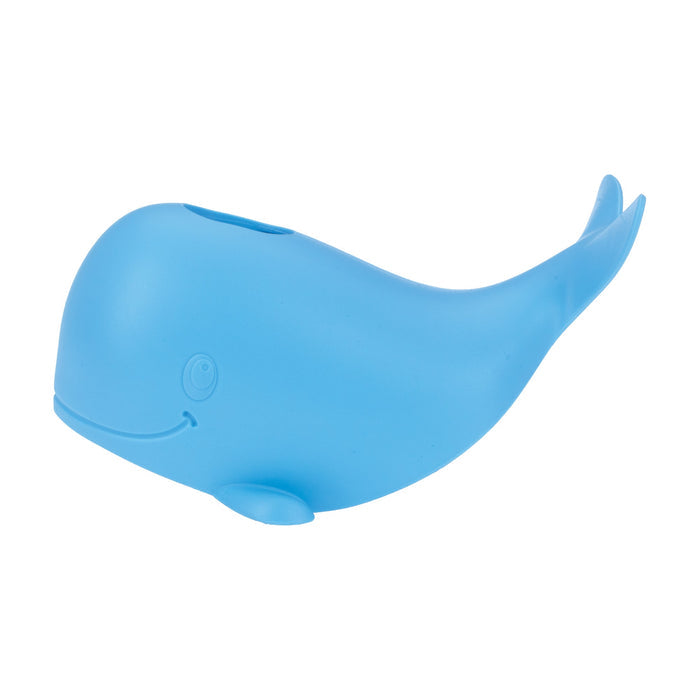 The Nuby Safety Spout Guard is a blue plastic whale toy with a smiling face and fin details that fits over bathtub faucets, protecting children from bumps while adding fun to bath time. Shown against a white background.