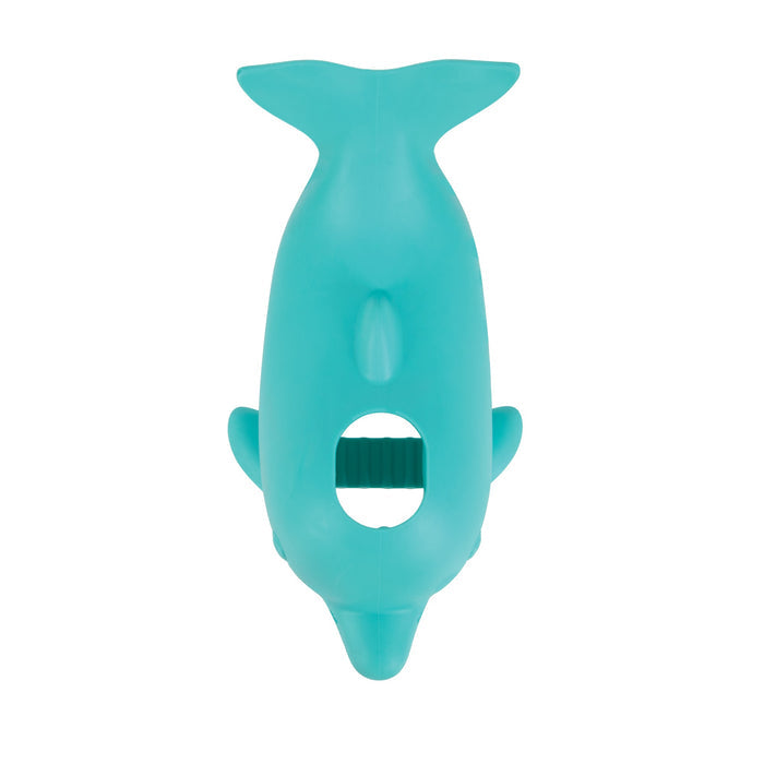 The Nuby Safety Spout Guard is a teal, dolphin-shaped faucet protector with a central opening and textured inner surface, shown from above on a white background. Ideal for child safety during bath time.