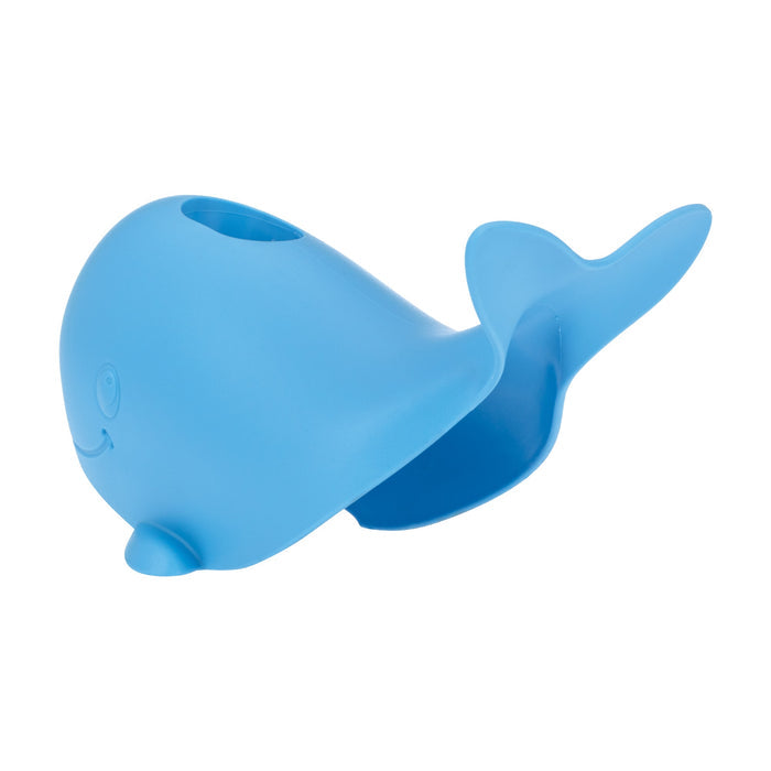 The Nuby Safety Spout Guard is a blue plastic whale-shaped cover with a hollow body and back opening, featuring a smiling face design to help protect children during bath time.