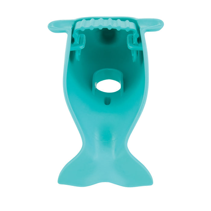 The Nuby Safety Spout Guard is a turquoise plastic whale-shaped bathtub faucet protector with an open mouth, central hole, ribbed top grip, tail base, and two hinged parts for child safety.