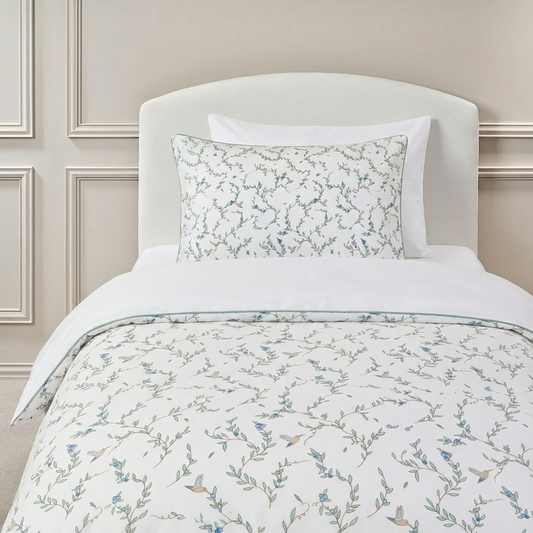 Twin duvet set in the "Secret Garden" print in the color ivory, the set includes a duvet cover and a standard pillowcase