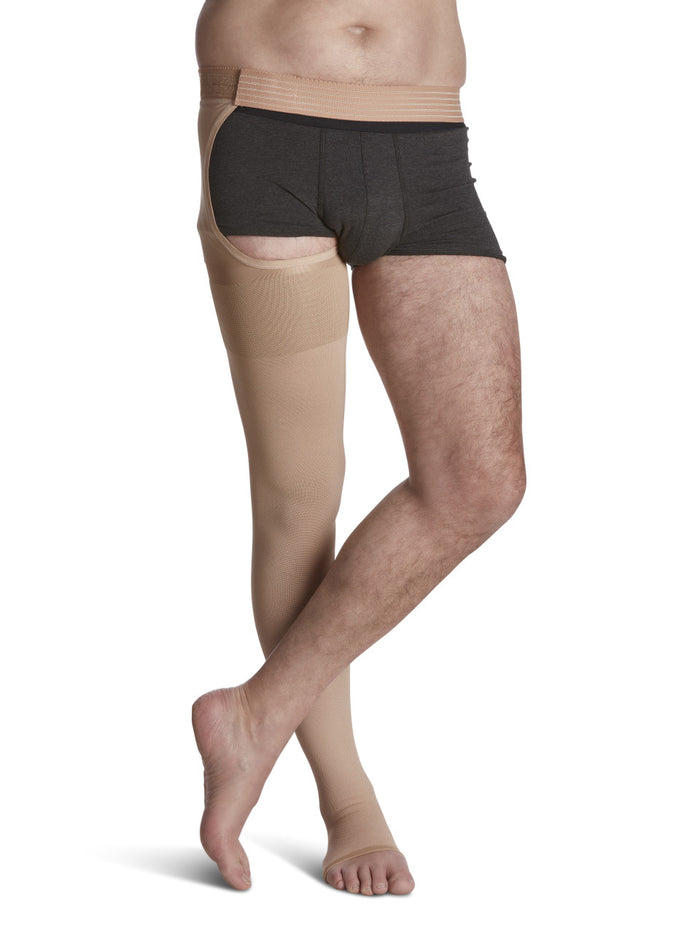 Sigvaris Natural Rubber Thigh High W/ Waist Attachment 40-50mmHg Open Toe - Compression Level: Severe 40-50 MmHg - Male - Foot