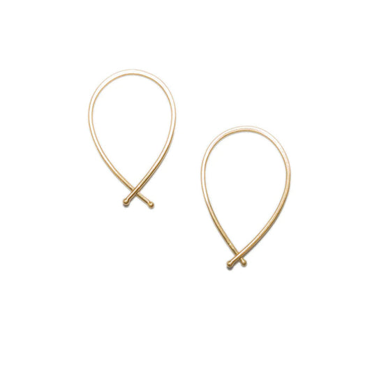 Small 14k gold ribbon hoop earrings with teardrop loop and cross clasp