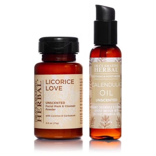Soothing Licorice Calendula Face Care Set  Licorice Love 2.5oz and Calendula Oil 2oz White Background with Shadows