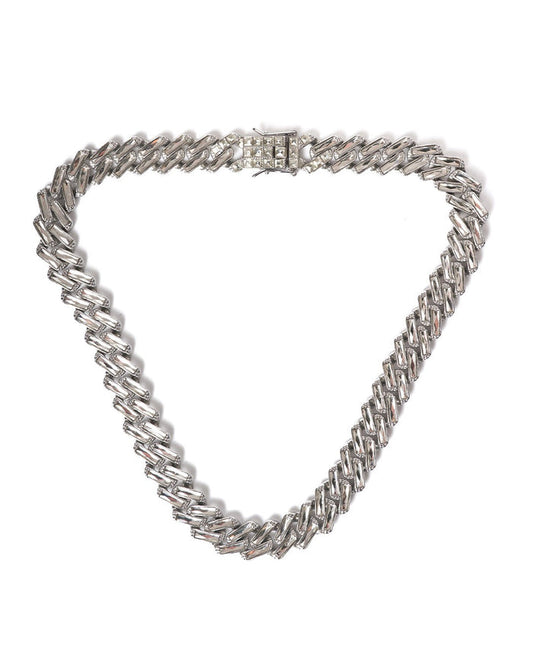 Martin Valen stainless steel silver necklace, top-down flat view showing wide curb links and a jeweled box clasp.