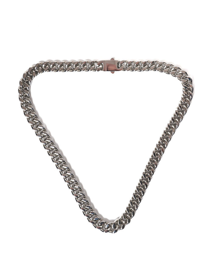 Martin Valen thick stainless steel silver chain necklace, flat lay front view showing clasp