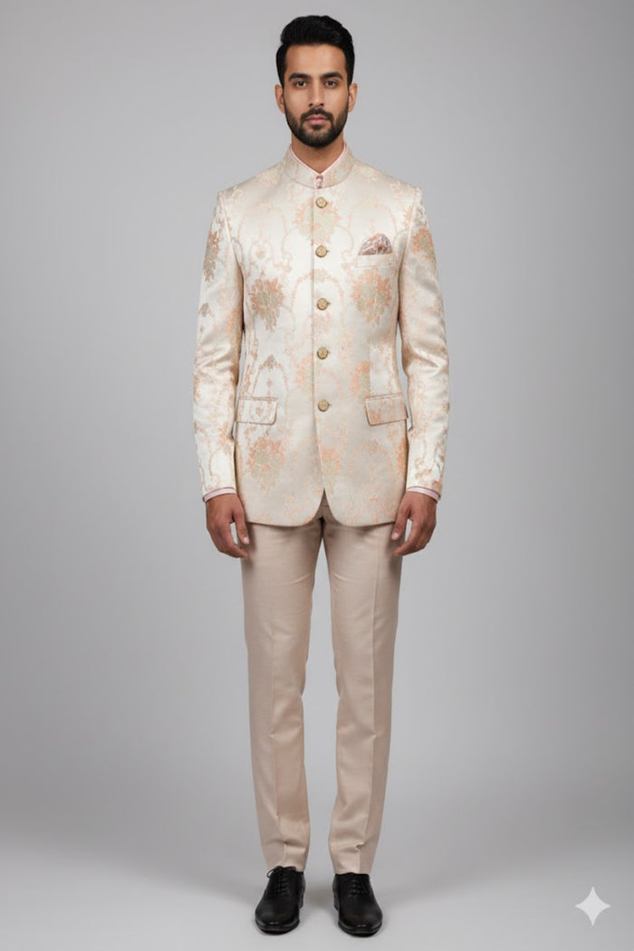 Stitched Designer Suit With Unstitched Pant Fabric – Cream Gold