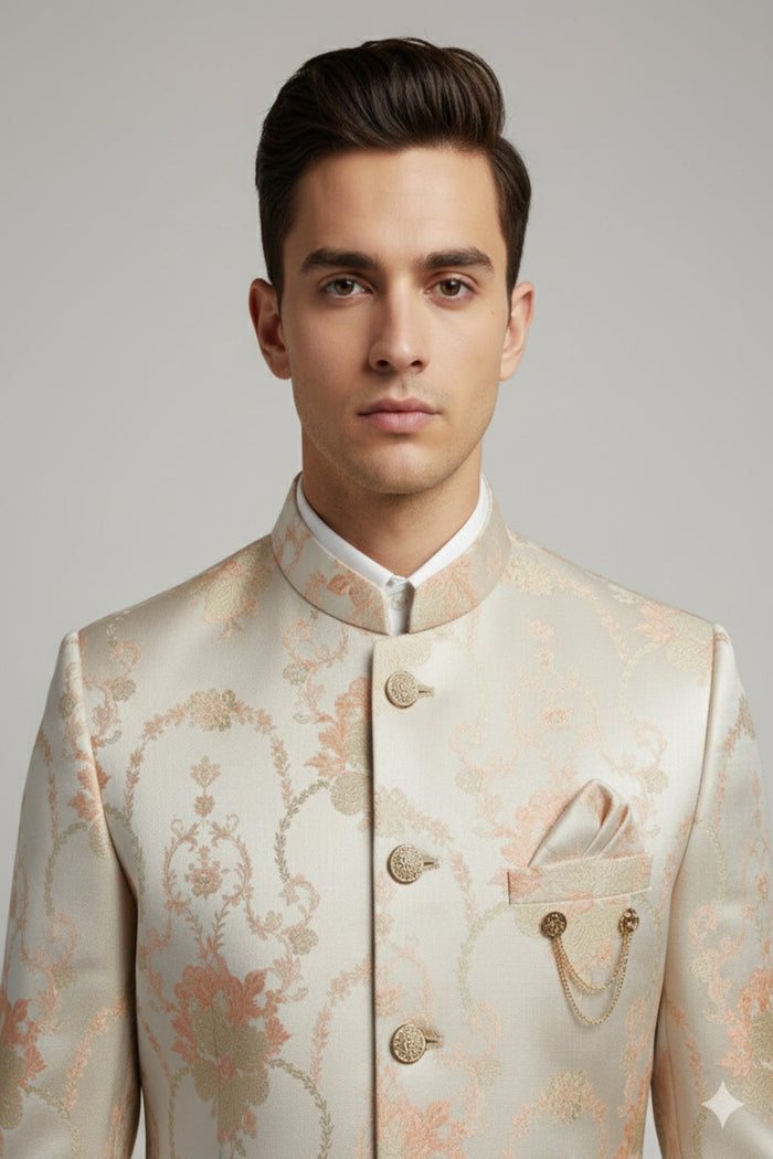 Stitched Designer Suit With Unstitched Pant Fabric – Cream Gold