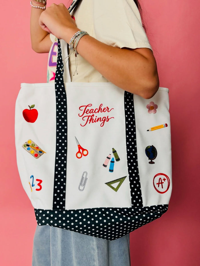 Teacher Essentials Embroidered Polka Dot Tote Bag
