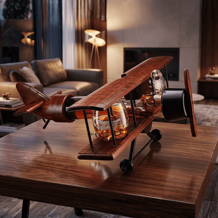 The Wine Savant /  Khen Glassware - Whiskey Decanter Airplane Set and 2 Airplane Glasses Antique