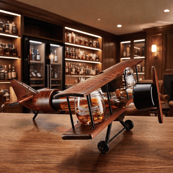 The Wine Savant /  Khen Glassware - Whiskey Decanter Airplane Set and 2 Airplane Glasses Antique