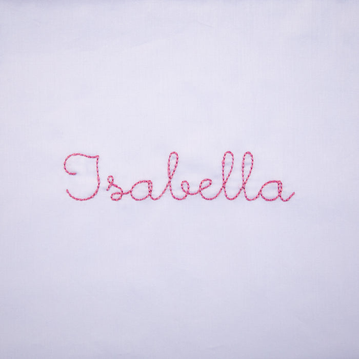 monogram text "Isabella"on "Touch The Sky" Baby Duvet Cover in color Pink