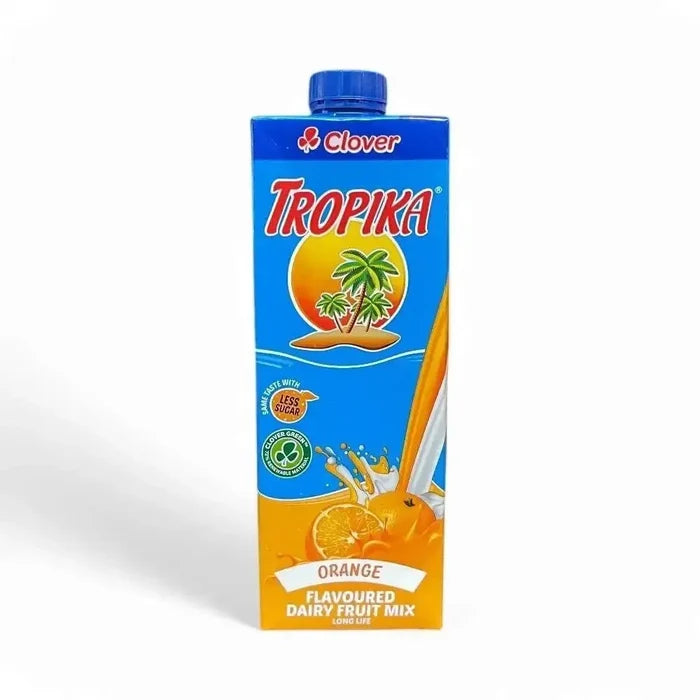 Tropika Flavoured Dairy Fruit Mix Orange 1 Litre with tropical design and citrus splash.