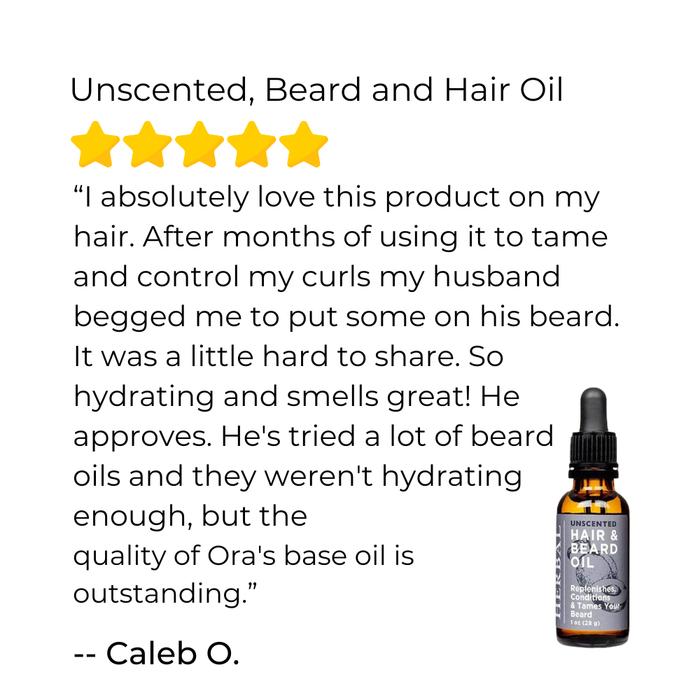 Review of Hair and Beard Oil with a bottle on a white background