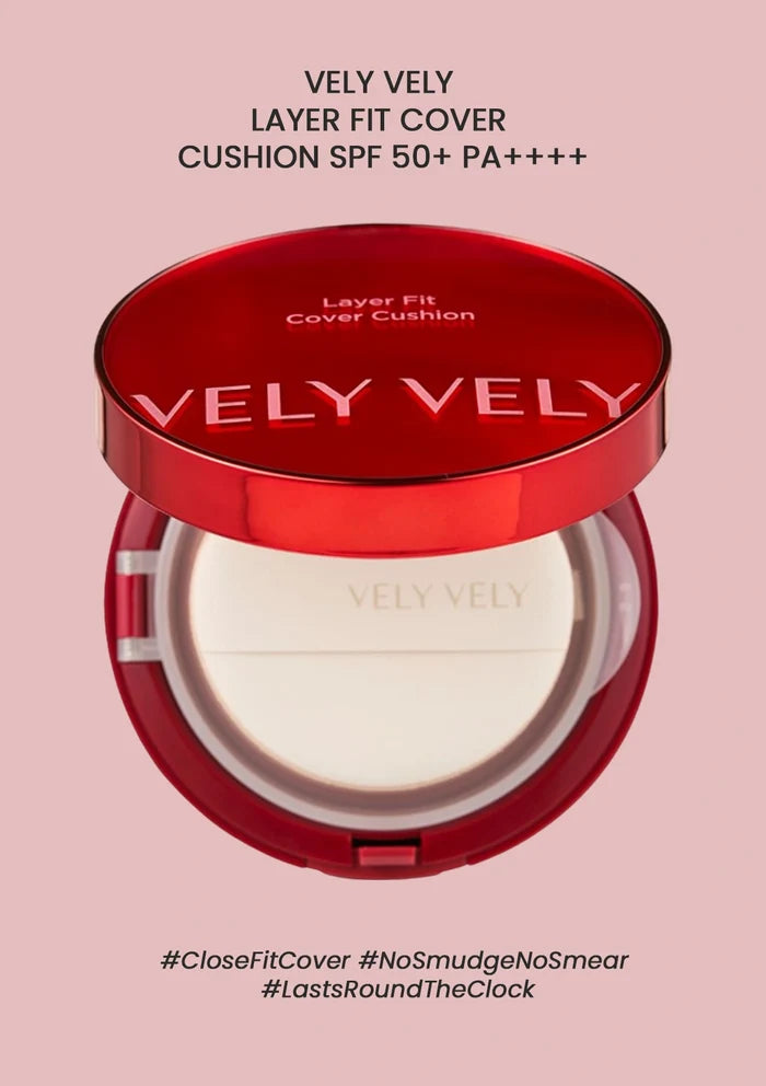 VELY VELY Layer Fit Cover Cushion with red casing on a pink background
